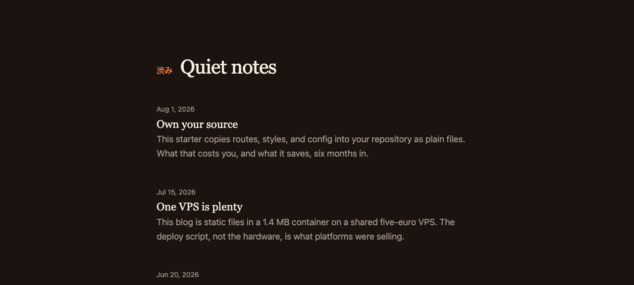 The scaffolded blog: a post list with dates and summaries