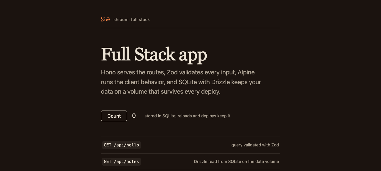The scaffolded full-stack app: a counter stored in SQLite and two demo API routes